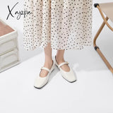 Mary Jane Shoes Female Genuine Leather 2024 New Snap Ballet Women Square Toe Flat Cowhide Ladies