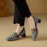 New Fabric Women Loafers Spring/Summer High Heels Woman Shoes Square Toe Chunky Heel Pumps Metal