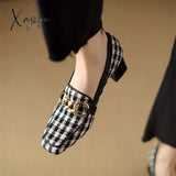 New Fabric Women Loafers Spring/Summer High Heels Woman Shoes Square Toe Chunky Heel Pumps Metal