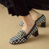 New Fabric Women Loafers Spring/Summer High Heels Woman Shoes Square Toe Chunky Heel Pumps Metal