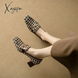 New Fabric Women Loafers Spring/Summer High Heels Woman Shoes Square Toe Chunky Heel Pumps Metal