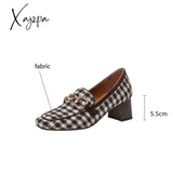 New Fabric Women Loafers Spring/Summer High Heels Woman Shoes Square Toe Chunky Heel Pumps Metal