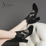 New Fashion Women High Heels Lace Flower Ankle Strap Hollow Out Sandals Round Toe Zip Pumps Zapatos