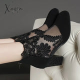 New Fashion Women High Heels Lace Flower Ankle Strap Hollow Out Sandals Round Toe Zip Pumps Zapatos