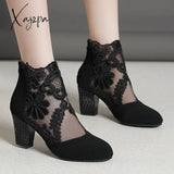 New Fashion Women High Heels Lace Flower Ankle Strap Hollow Out Sandals Round Toe Zip Pumps Zapatos