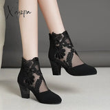 New Fashion Women High Heels Lace Flower Ankle Strap Hollow Out Sandals Round Toe Zip Pumps Zapatos