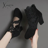 New Fashion Women High Heels Lace Flower Ankle Strap Hollow Out Sandals Round Toe Zip Pumps Zapatos