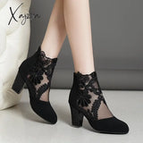 New Fashion Women High Heels Lace Flower Ankle Strap Hollow Out Sandals Round Toe Zip Pumps Zapatos De Mujer