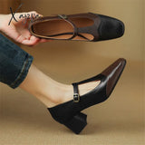 New Genuine Leather Women Mary Jane Shoes Spring Retro Woman Square Toe Pumps For Zapatos De Mujer