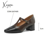 New Genuine Leather Women Mary Jane Shoes Spring Retro Woman Square Toe Pumps For Zapatos De Mujer