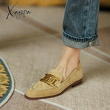 New Sheep Suede Women Loafers Spring/Summer Low Heel Woman Shoes Round Toe Chunky Pumps Metal