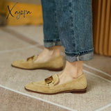 New Sheep Suede Women Loafers Spring/Summer Low Heel Woman Shoes Round Toe Chunky Pumps Metal