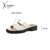 New Split Leather Summer Slippers Women 2024 Square Toe Chunky Heel Sandals Open Shoes For Handmade