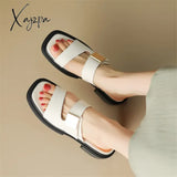 New Split Leather Summer Slippers Women 2024 Square Toe Chunky Heel Sandals Open Shoes For Handmade