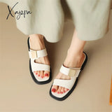 New Split Leather Summer Slippers Women 2024 Square Toe Chunky Heel Sandals Open Shoes For Handmade