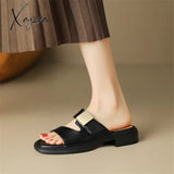 New Split Leather Summer Slippers Women 2024 Square Toe Chunky Heel Sandals Open Shoes For Handmade