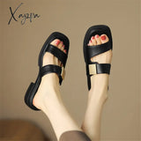 New Split Leather Summer Slippers Women 2024 Square Toe Chunky Heel Sandals Open Shoes For Handmade