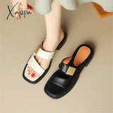 New Split Leather Summer Slippers Women 2024 Square Toe Chunky Heel Sandals Open Shoes For Handmade