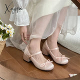 New Spring Autumn Thick Heel Pink Shoes Elegant Bow Lolita College Girls High Heels Fashion Women