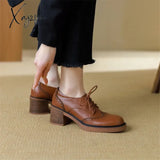 New Spring Cow Leather Women Shoes Round Toe Pumps Platform For Zapatos Mujer Lace Up Brogue