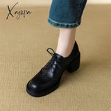 New Spring Cow Leather Women Shoes Round Toe Pumps Platform For Zapatos Mujer Lace Up Brogue