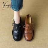 New Spring Cow Leather Women Shoes Round Toe Pumps Platform For Zapatos Mujer Lace Up Brogue