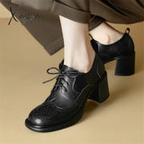 New Spring Genuine Leather Women Shoes Round Toe Pumps For Zapatos Mujer Brogue Designs Lace Up