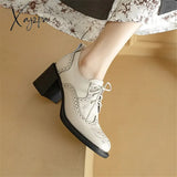 New Spring Genuine Leather Women Shoes Round Toe Pumps For Zapatos Mujer Brogue Designs Lace Up