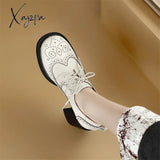 New Spring Genuine Leather Women Shoes Round Toe Pumps For Zapatos Mujer Brogue Designs Lace Up