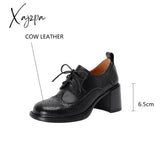 New Spring Genuine Leather Women Shoes Round Toe Pumps For Zapatos Mujer Brogue Designs Lace Up