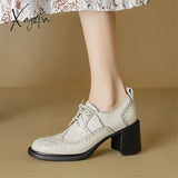 New Spring Genuine Leather Women Shoes Round Toe Pumps For Zapatos Mujer Brogue Designs Lace Up