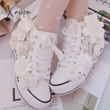 New White Inner Height-Increasing Vulcanized Shoes Original Butterfly Flower High-Top Canvas Sweet