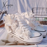 New White Inner Height-Increasing Vulcanized Shoes Original Butterfly Flower High-Top Canvas Sweet