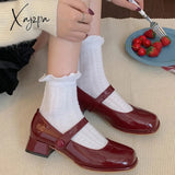 New Women Mary Jane Shoes Fashion Square Toe Shallow Ladies Elegant Dress Single Leather Shoes Square Heel Sandal