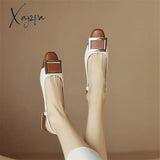 New Women Sandals Cow Leather Cover Toe French Retro Summer Shoes For Square Mixed Color Ladies