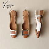 New Women Sandals Cow Leather Cover Toe French Retro Summer Shoes For Square Mixed Color Ladies