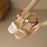 New Women Sandals Cow Leather Open Toe French Retro Summer Shoes For Round Platform High Heels