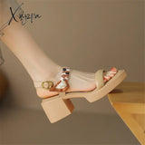 New Women Sandals Cow Leather Open Toe French Retro Summer Shoes For Round Platform High Heels