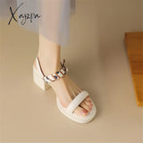 New Women Sandals Cow Leather Open Toe French Retro Summer Shoes For Round Platform High Heels