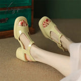 New Women Sandals Patent Leather Open Toe Chunky Heel Summer Shoes For Round Platform High Heels