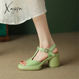 New Women Sandals Patent Leather Open Toe Chunky Heel Summer Shoes For Round Platform High Heels