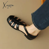 New Women Sandals Retro Split Leather Roman Casual Buckle Strap Summer Shoes Gladiator Round Toe