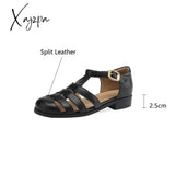 New Women Sandals Retro Split Leather Roman Casual Buckle Strap Summer Shoes Gladiator Round Toe