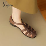 New Women Sandals Retro Split Leather Roman Casual Buckle Strap Summer Shoes Gladiator Round Toe