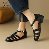 New Women Sandals Retro Split Leather Roman Sandals Casual Buckle Strap Summer Shoes GLADIATOR Round Toe Thick Heel Women Shoes