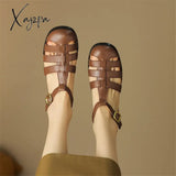 New Women Sandals Retro Split Leather Roman Casual Buckle Strap Summer Shoes Gladiator Round Toe