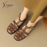 New Women Sandals Retro Split Leather Roman Casual Buckle Strap Summer Shoes Gladiator Round Toe