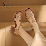 New Women Sandals Split Leather Cover Toe Casual Buckle Strap Summer Shoes For Round High Heels