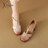 New Women Sandals Split Leather Cover Toe Casual Buckle Strap Summer Shoes For Round High Heels