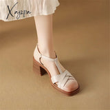 New Women Sandals Split Leather Cover Toe Casual Buckle Strap Summer Shoes For Round High Heels